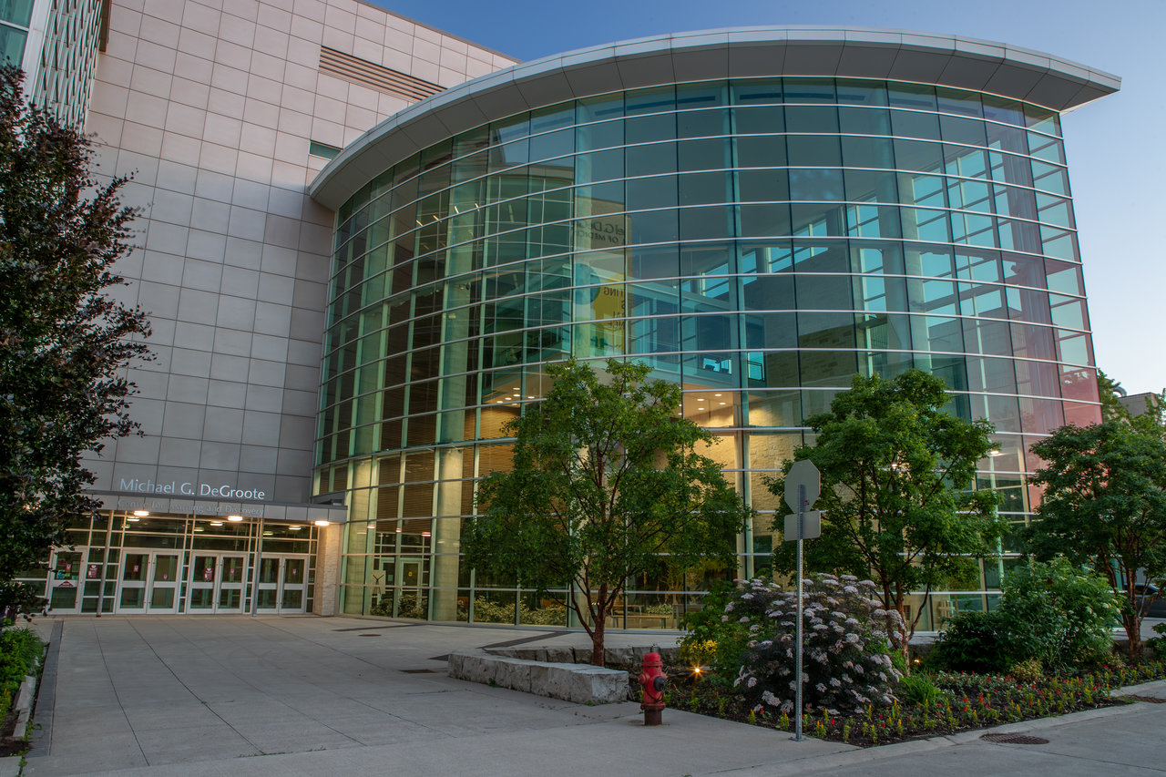 View of the main entrance of the conference venue, the Michael DeGroote Centre for Learning and Discovery.