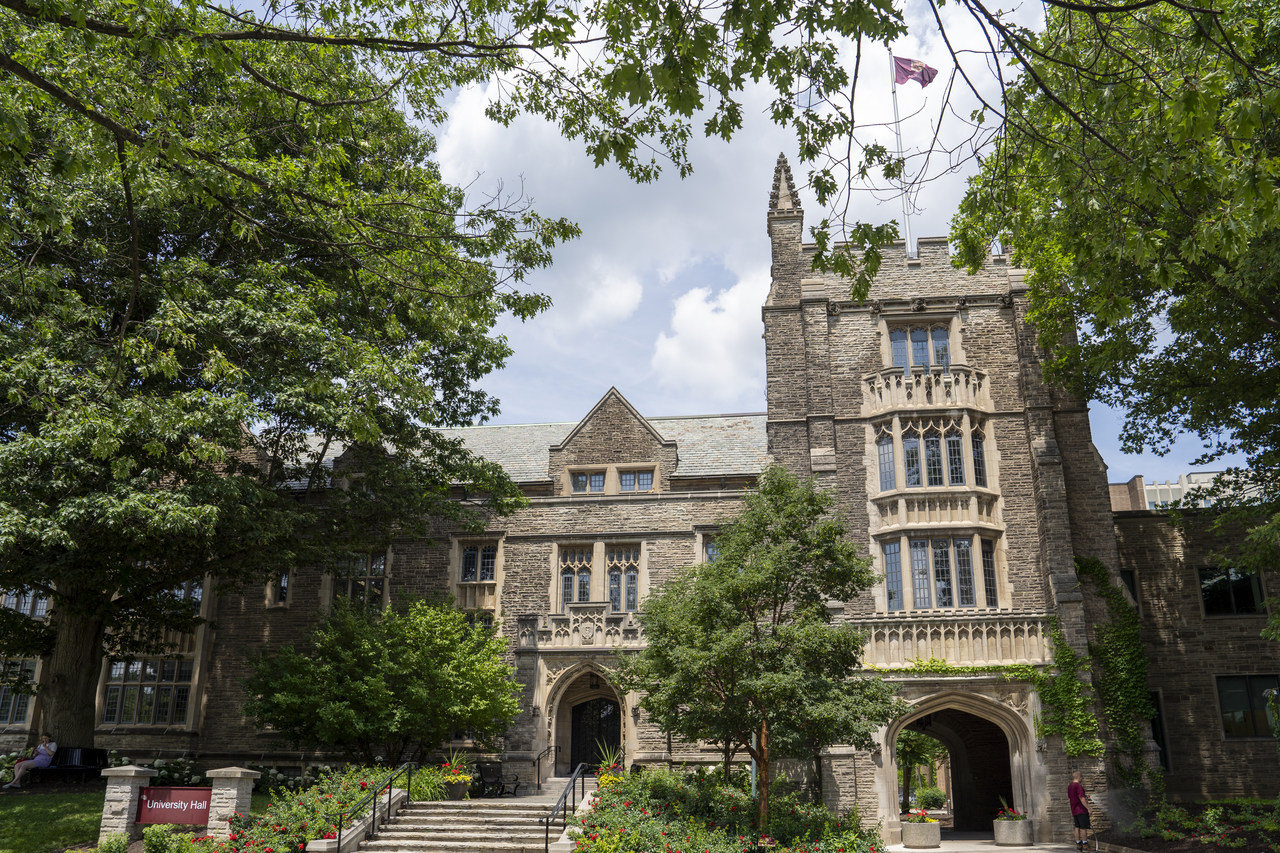 View of the tower of University Hall at McMaster University in a summer day.